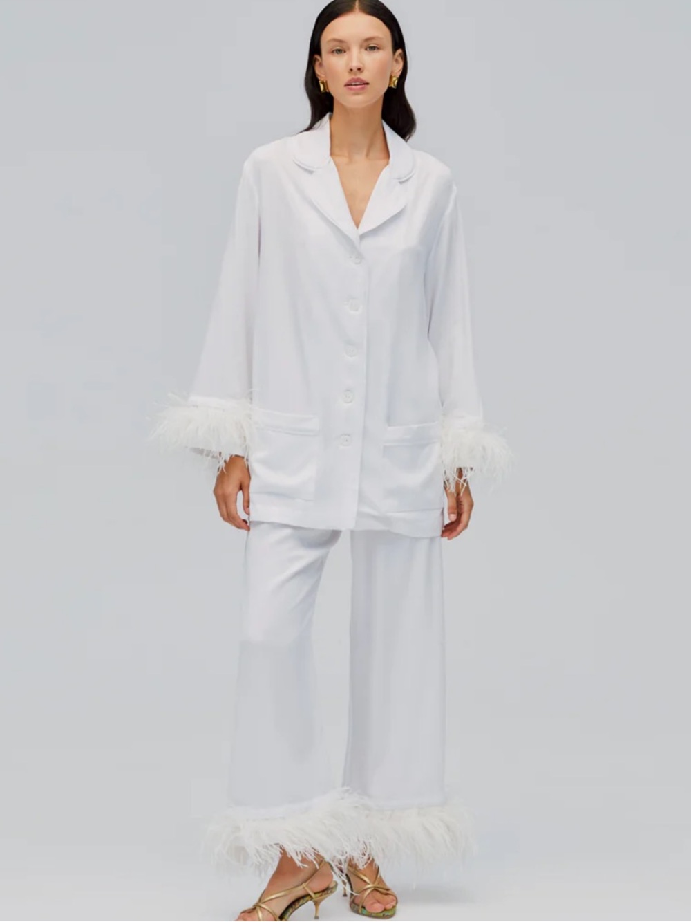 SLEEPER sz XS PRE-OWNED White Feather-Trim Button Pajama Set -FLAWED